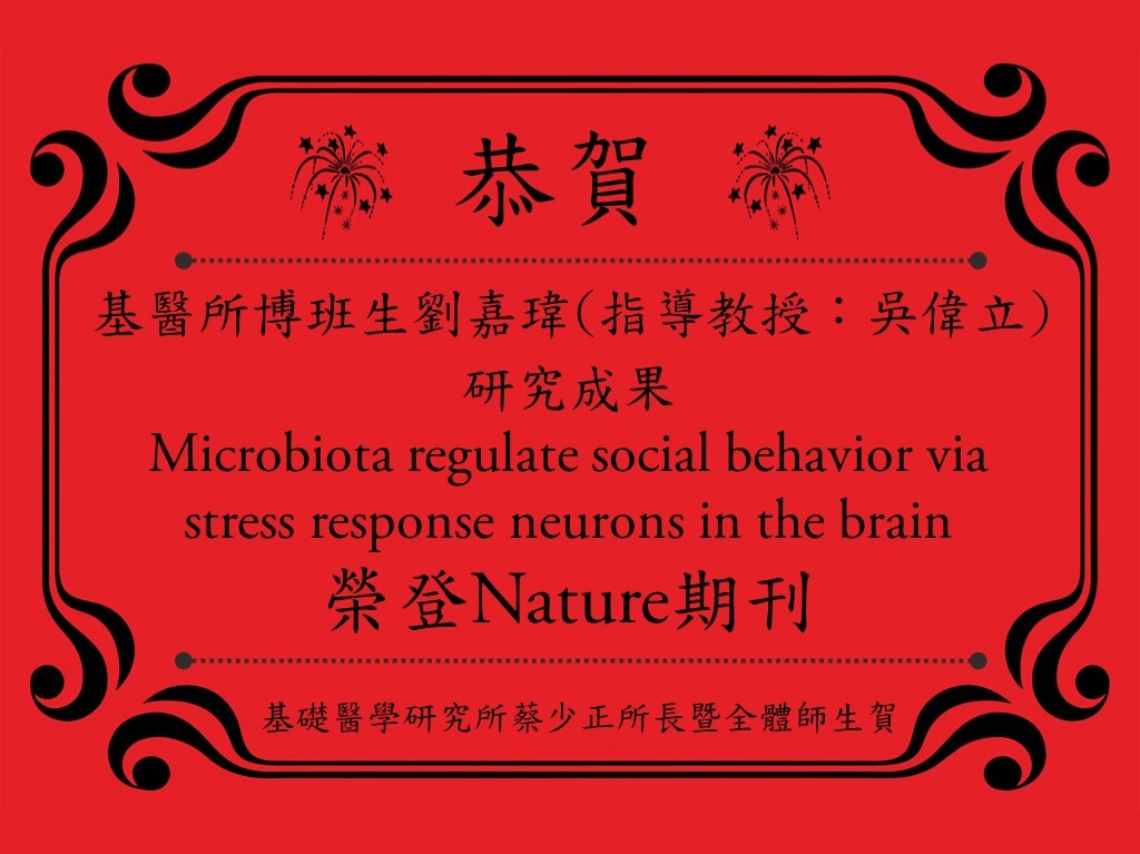 基醫所博班生劉嘉瑋(指導教授:吳偉立)研究成果 Microbiota regulate social behavior via stress response neurons in the brain 榮登Nature期刊